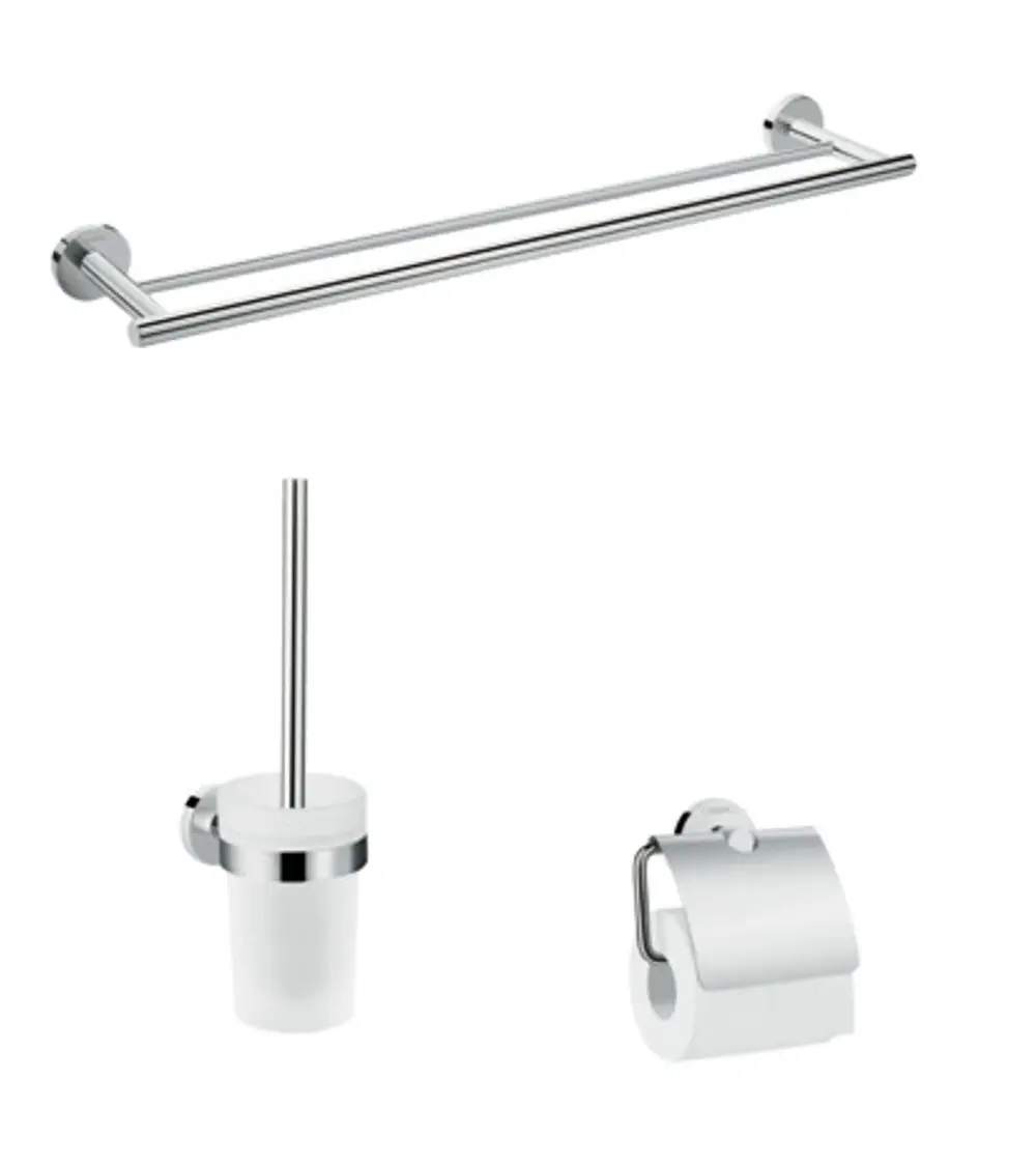 Bad-Accessoire Set von Hansgrohe, bestehend aus einem Doppelhandtuchhalter, einem Toilettenpapierhalter und einer Halterung für eine Toilettenbürste, in Chromoptik.